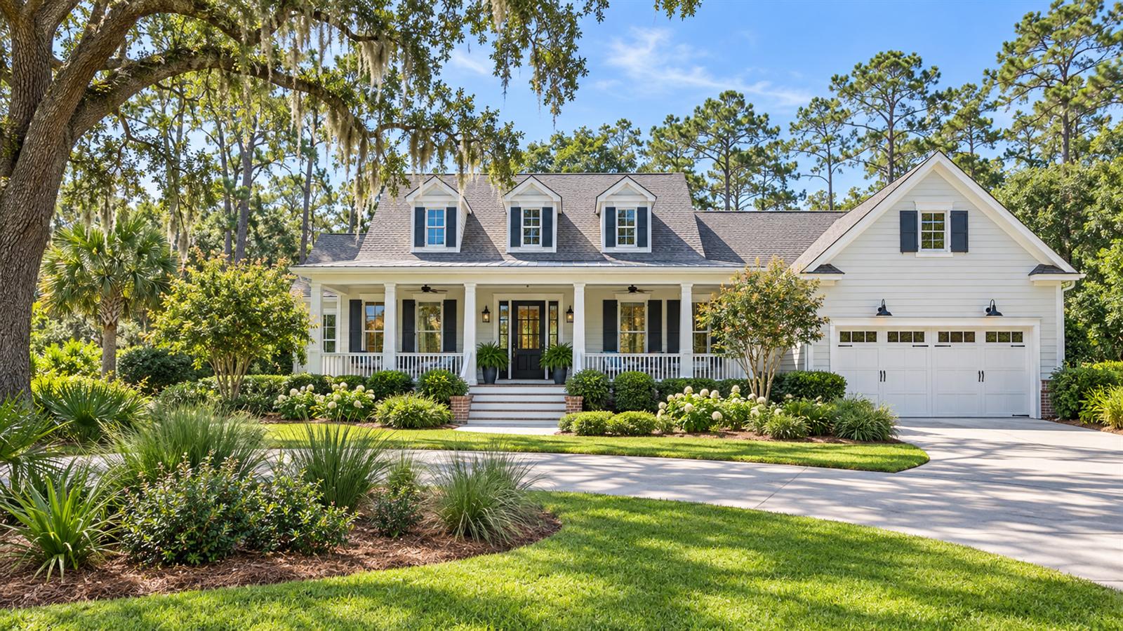 Lowcountry-style Beaufort, SC home with a broad front porch, live oak draped in Spanish moss, and landscaped lawn