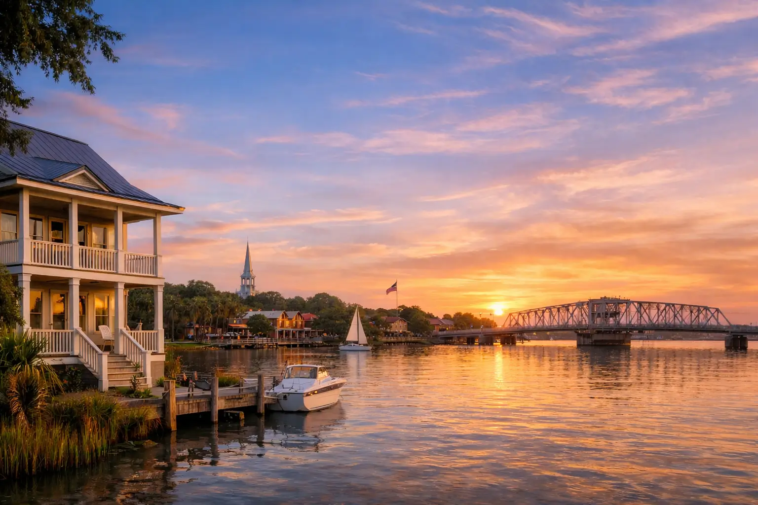 Waterfront Lowcountry home near Beaufort, South Carolina, with boats and a coastal bridge at sunset