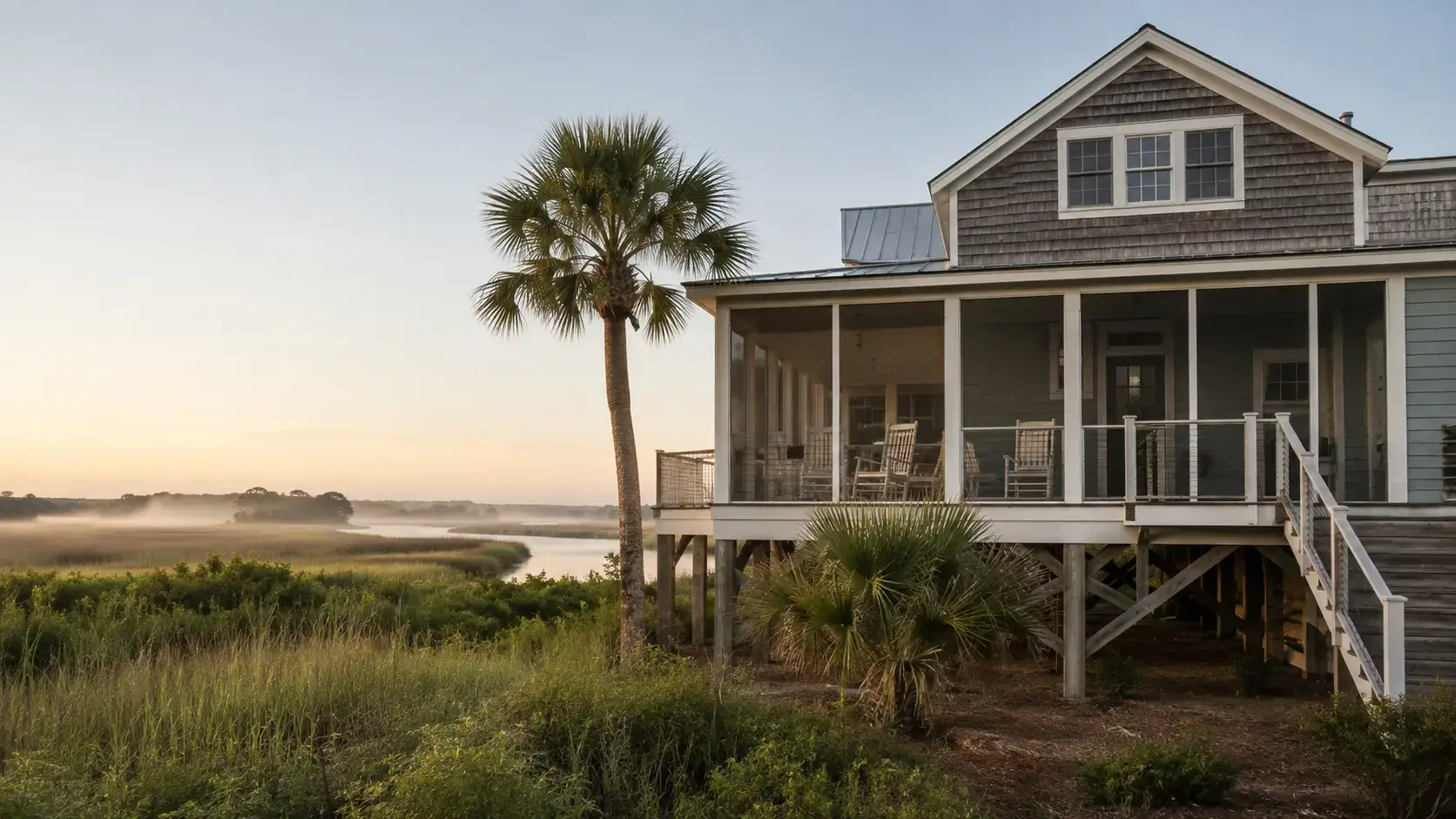 A raised coastal Lowcountry home in South Carolina on pilings, with a wide screened porch, palmetto palms, and salt marsh and a tidal creek stretching behind it in early morning light