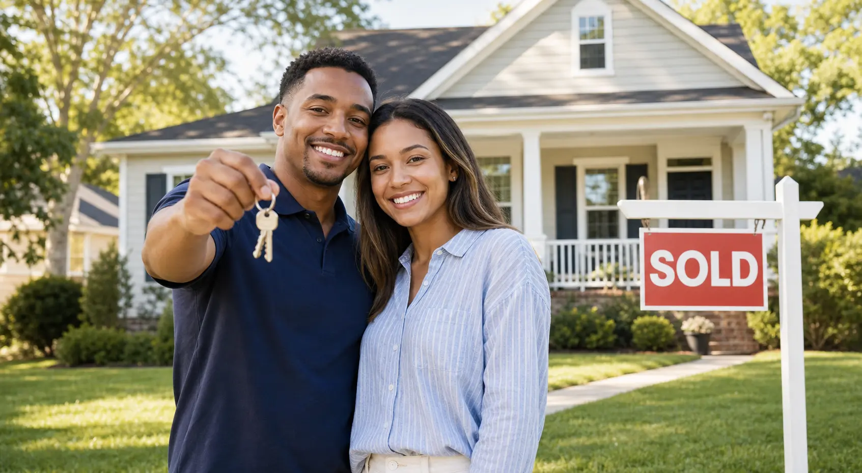 Two smiling homebuyers holding house keys in front of a home with a sold sign