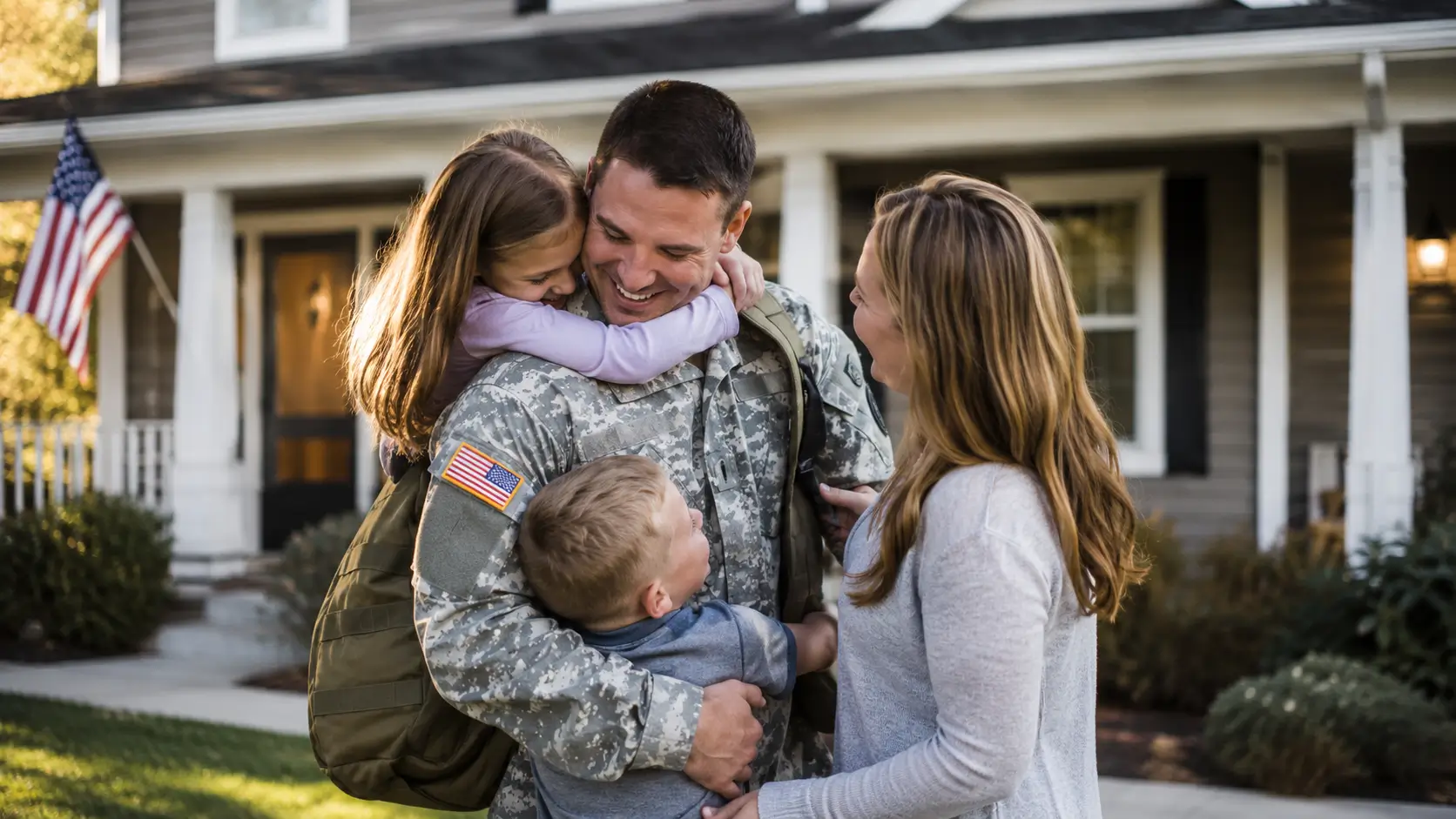 Military service member with family sharing a candid moment in front of their home