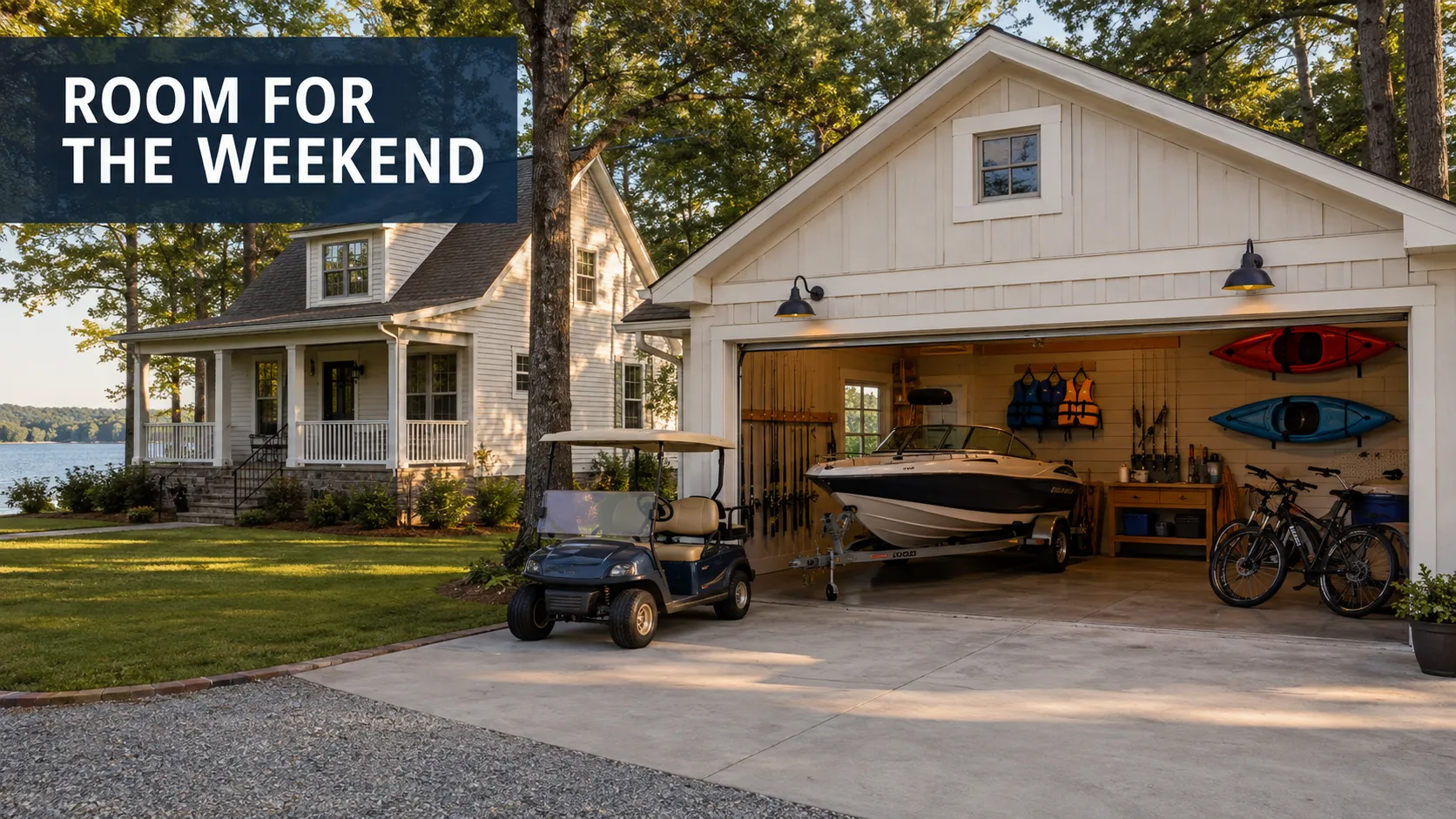 Columbia area second home with garage space for a boat, golf cart, kayaks, bicycles, and fishing equipment